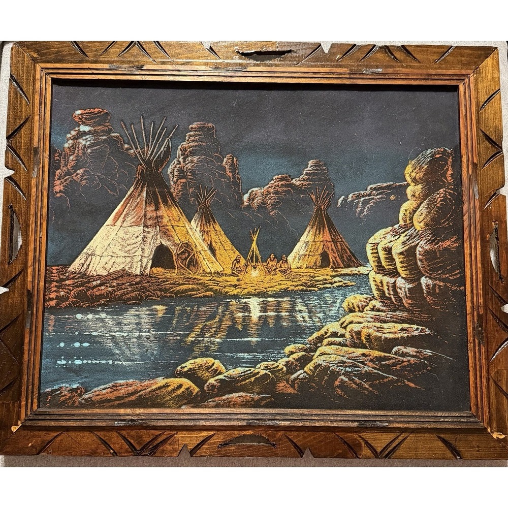 Vtg Native American Velvet Painting Teepee Camp Scene Sanchez Style Hecho Mexico